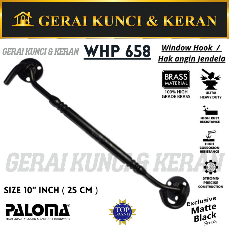 PALOMA WHP 658 BRASS 10&quot; (25CM) HAK ANGIN PENAHAN JENDELA BLACK HITAM