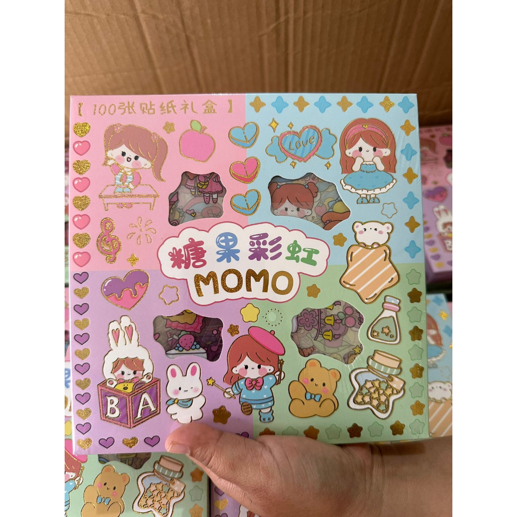 STICKER MOMO RAINBOW DAN GLITTER READY 4 WARNA 1BOX ISI 100PCS