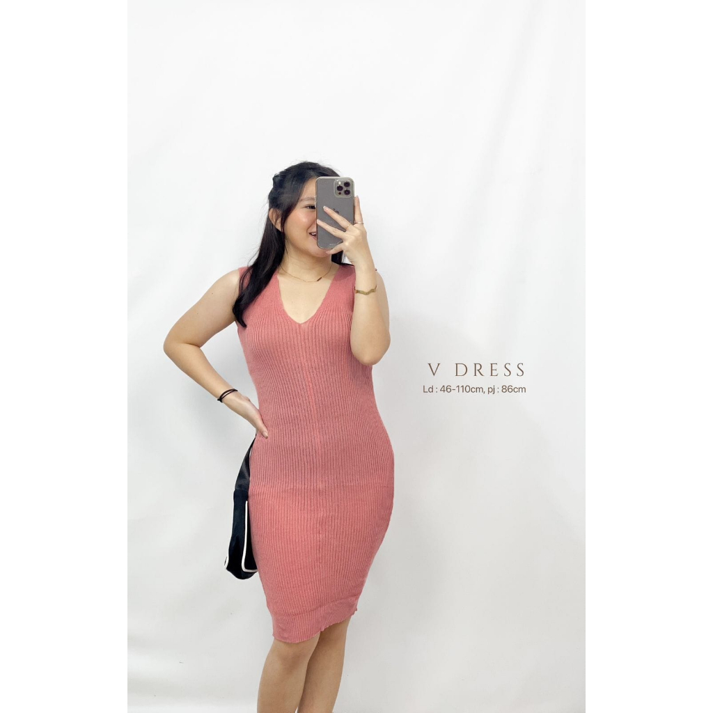 HOPYLOVY - Dress Sleeveless Wanita Kerah V bahan Rajut