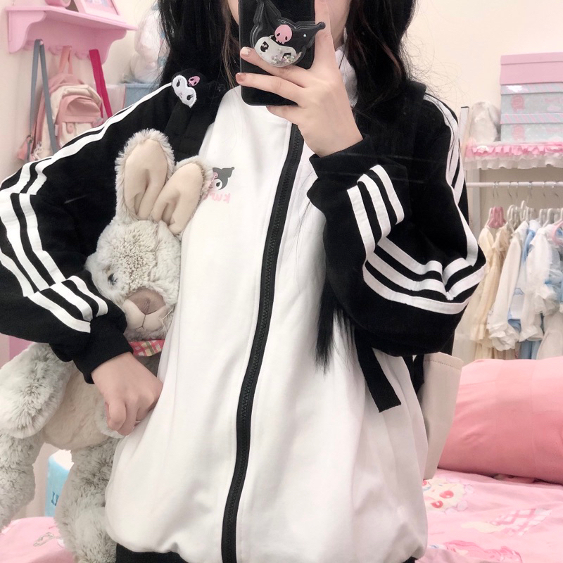 Kuromi Sporty Jacket | MILKTEAS | Jaket Sanrio Kuromi Hitam Putih Kawaii Y2K Fashion Japanese Style 
