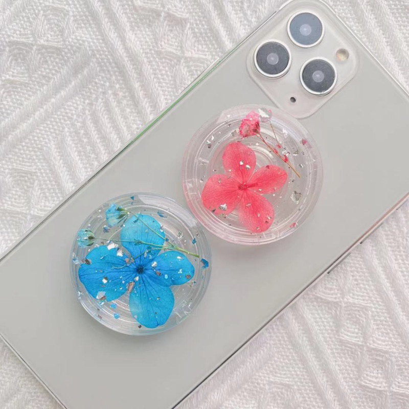 Popsocket Grip Tok Transparan Glitter Dried Flower Hologram Case (REAL FLOWERS INSIDE) Phone Holder BUNGA ASLI