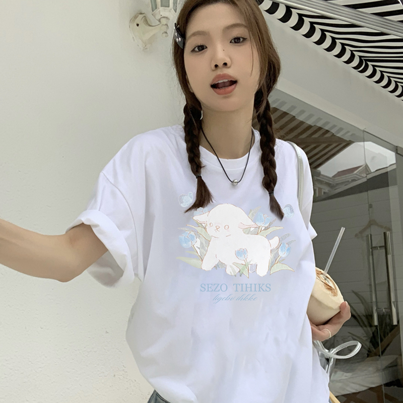Print T-shirt Kaos Lengan Pendek Cartoon Sheep Oversize Atasan Wanita Korean Style