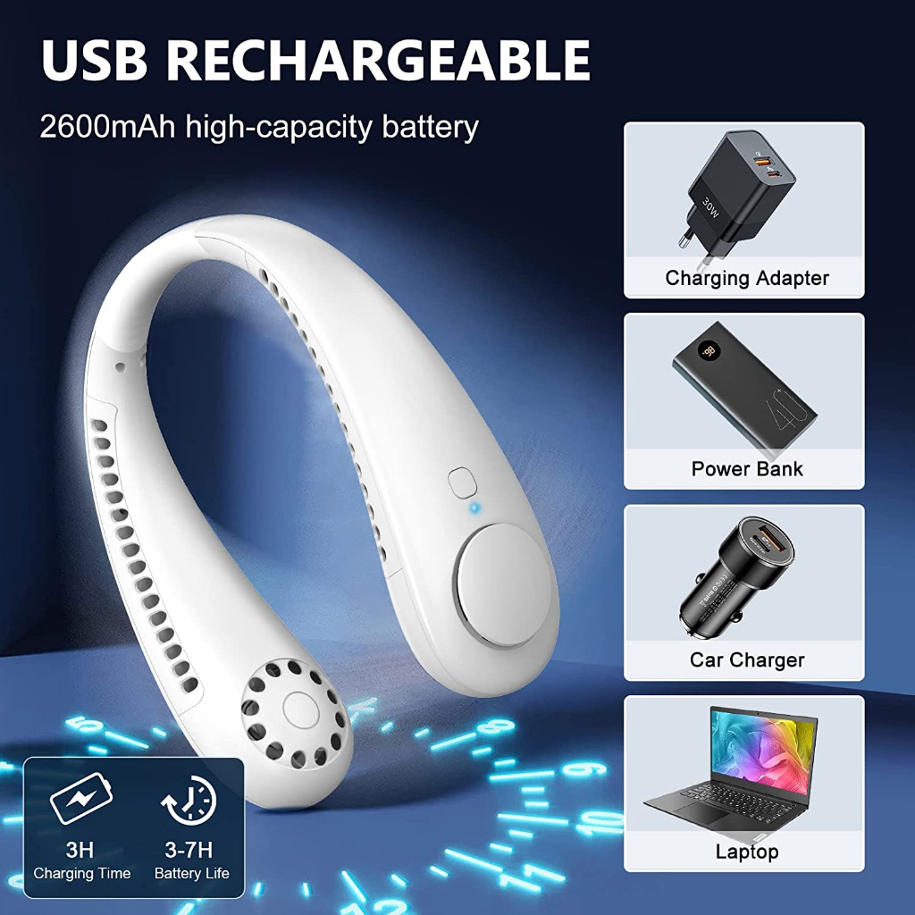 Kipas Angin Leher Nonton Konser Olahraga Portable USB Rechargeable Isi Ulang Fan Neck Elektrik