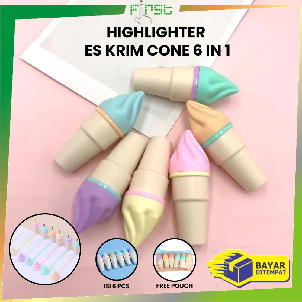 

FH-A57 Highlighter Pen Es Krim Cone Monas 6 in 1 Free Pouch Penanda Berwarna / Spidol Highlighter Model Ice Cream Cone Unik Alat Tulis kantor Stationery