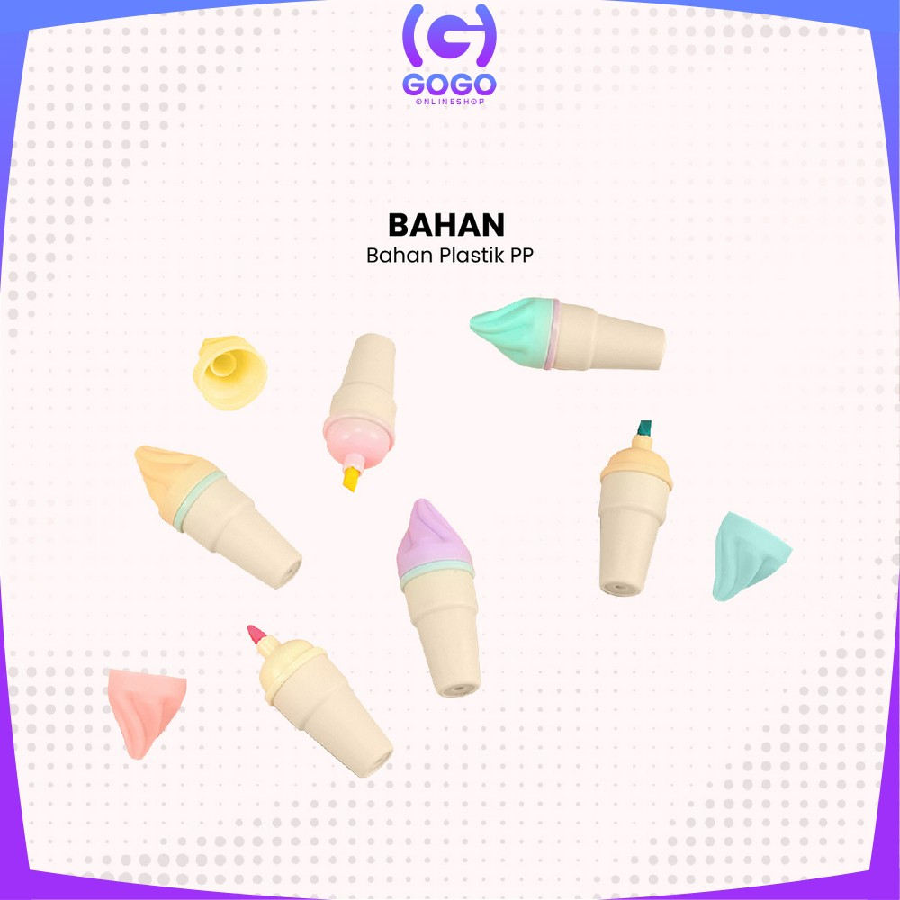 GOGO-A57 Highlighter Pen Es Krim Cone Monas 6 in 1 Free Pouch Penanda Berwarna / Spidol Highlighter Model Ice Cream Cone Unik Alat Tulis kantor Stationery