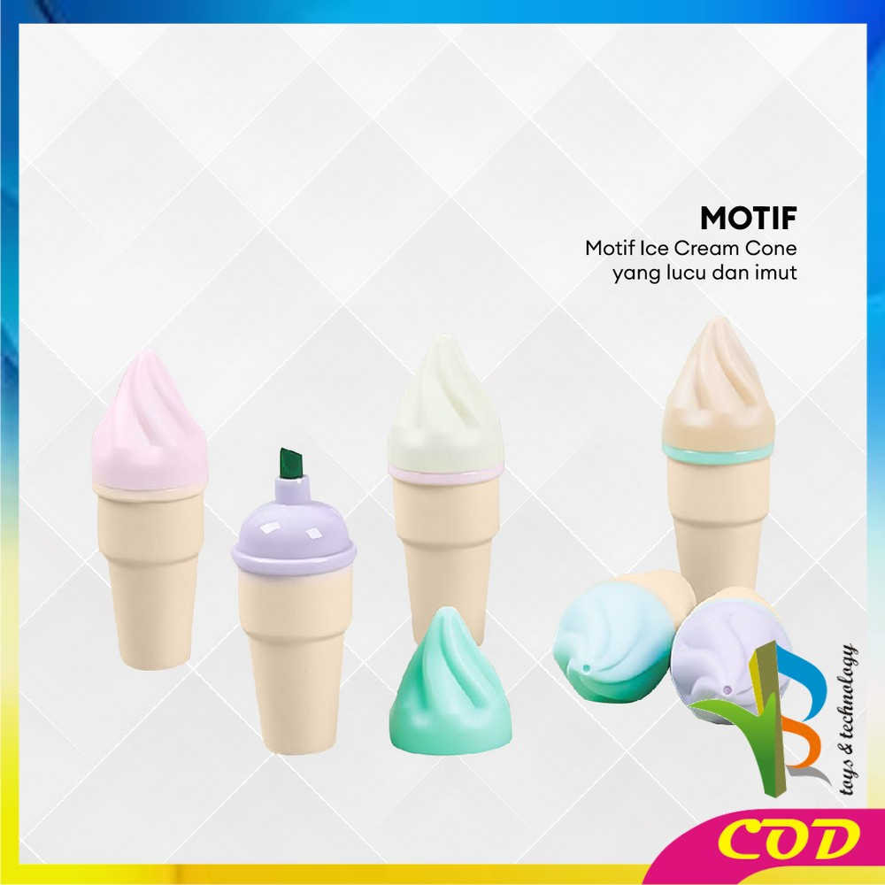 RB-A57 Highlighter Pen Es Krim Cone Monas 6 in 1 Free Pouch Penanda Berwarna / Spidol Highlighter Model Ice Cream Cone Unik Alat Tulis kantor Stationery