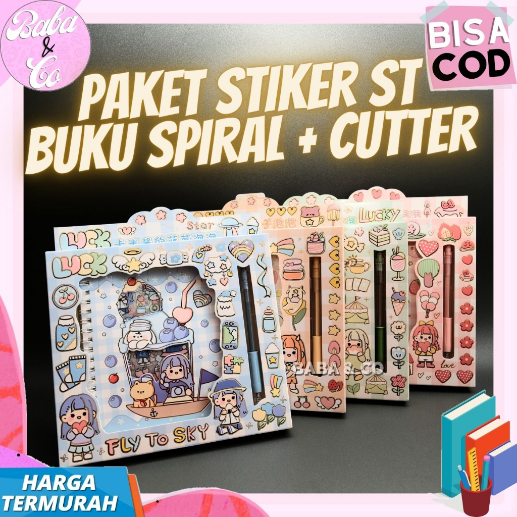 

PAKET STIKER ST BUKU STIKER SPIRAL CUTTER PEN STICKER MURAH SET BOX 1 BUKU STIKER 1 CUTTER PEN