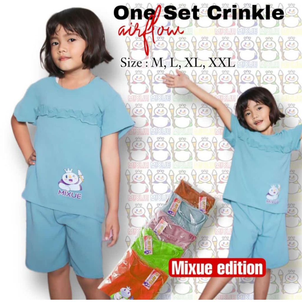 one set setelan anak perempuan 2023 terbaru cringkle airflow usia 2-7 thn Kids paling Laris gambar mixue edition