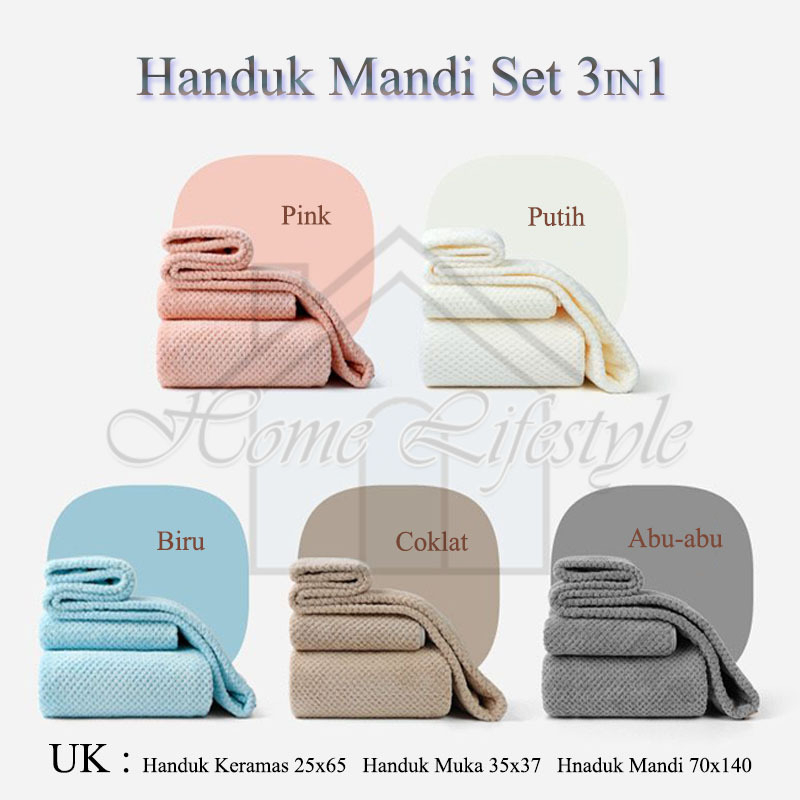 HANDUK SET 3 IN 1 / HANDUK MANDI / HANDUK MUKA / HANDUK KERAMAS / HANDUK MICROFIBER SET 3 PCS