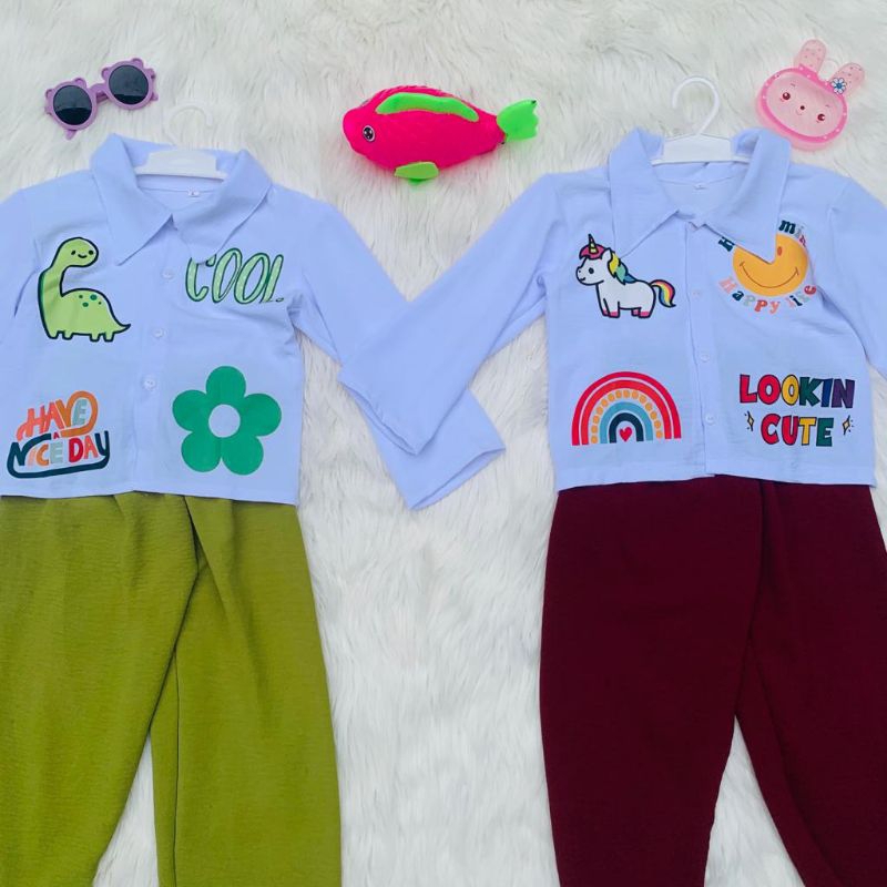 Baju Setelan Anak Perempuan Crop Top EMOJI Viral Crinkle DTF | Baju Kemeja Anak Cewe Bahan Crinkle Airflow Premium Usia 2-9 Tahun