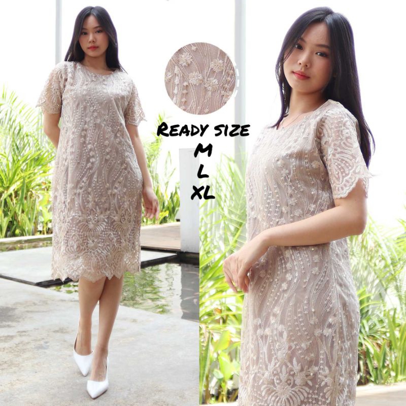 Dress Brukat Tile Mutiara Bunga Dress Pesta Brukat Premium Lengan Pendek