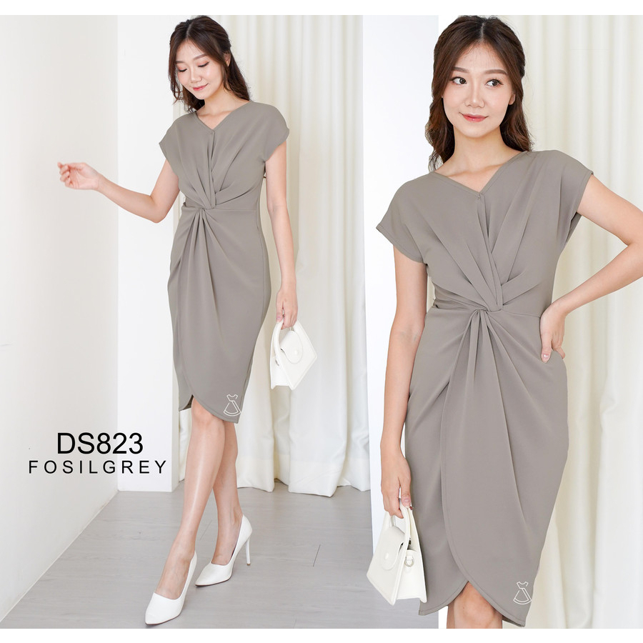 DS823 - DRESS SEPAN SCUBA KANTOR MIDI KNOT WANITA GROSIR MURAH