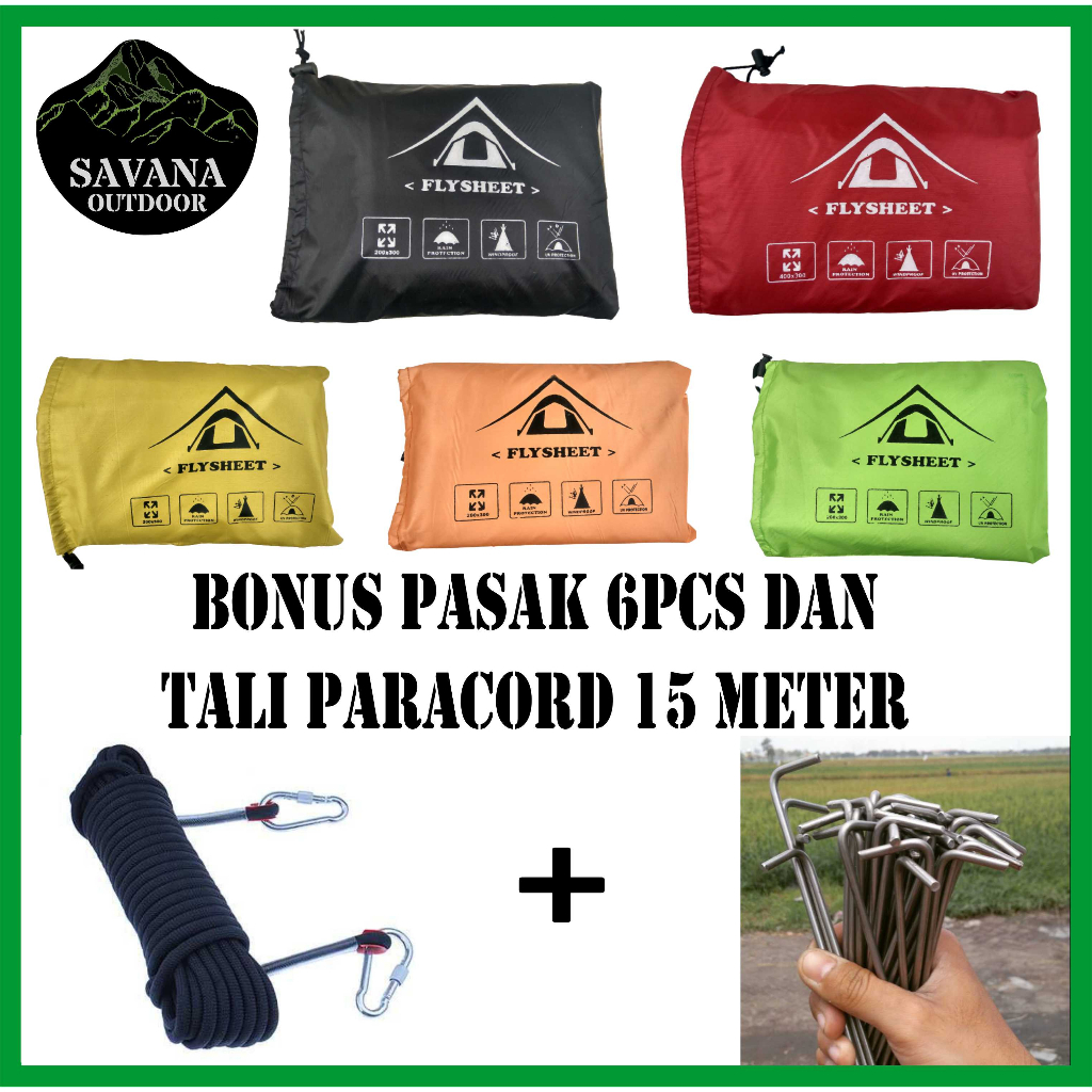 Flysheet 2x3 Flysheet 3x2 BONUS 6 Pasak + Tali Flysheet 15 Meter Tenda Gunung Tenda Outdoor
