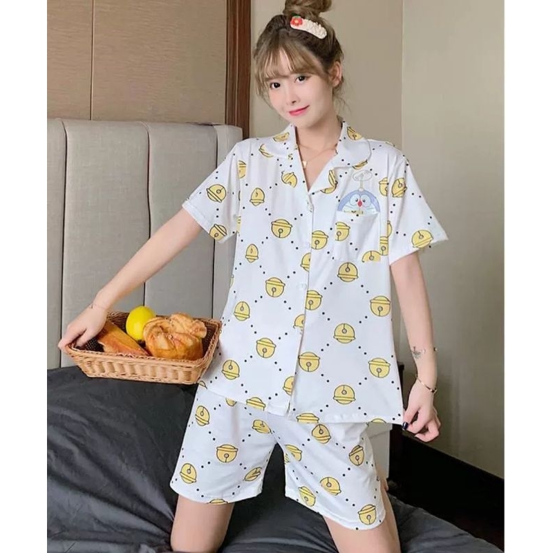 RULIF Piyama Baju Tidur Hotpant Wanita Krah Kancing Lengan pendek Celana Pendek kittybell