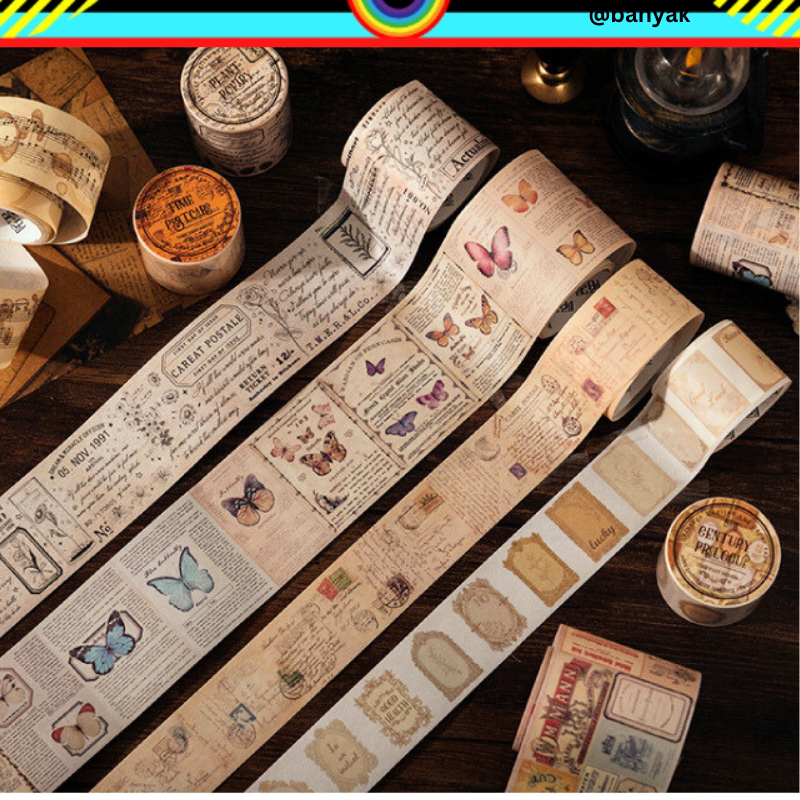 WASHITAPE UNTUK JOURNALING MASKING TAPE SELOTIP KERTAS WASHI MOTIF CLASSIC RETRO VINTAGE @banyak