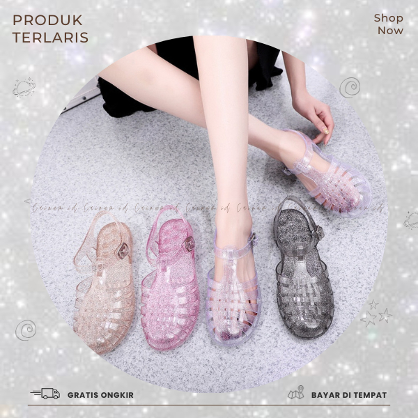 Meisha Jelly Transparant Glitter/sendal jelly wanita/sendal karet anti slip/sandal kekinian/sandal k