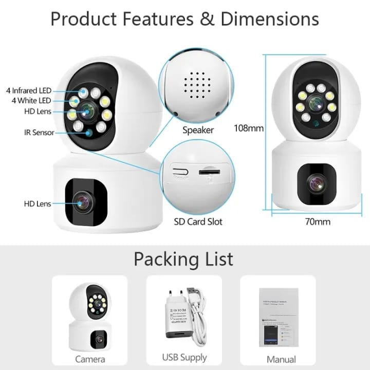 Ip Camera 1080P HD Dual Lens PTZ WiFi Indoor 2 camera Colorful Night Vision Auto Tracking CCTV Security Surveillance ONVIF Pan/Tilt Zoom Smart Baby Monitor