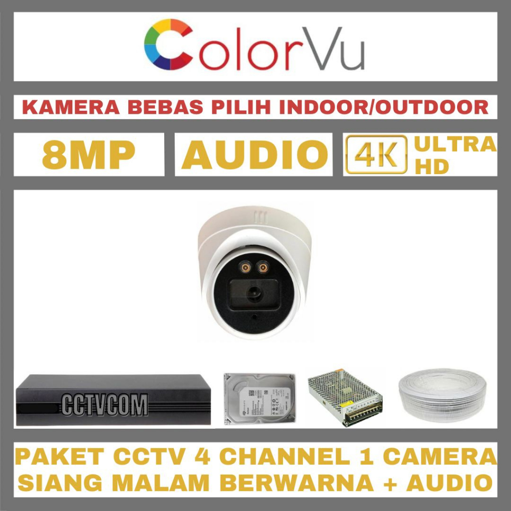 PAKET CCTV COLORVU 8MP 4 CHANNEL 1 KAMERA ULTRA HD 4K CAMERA AUDIO