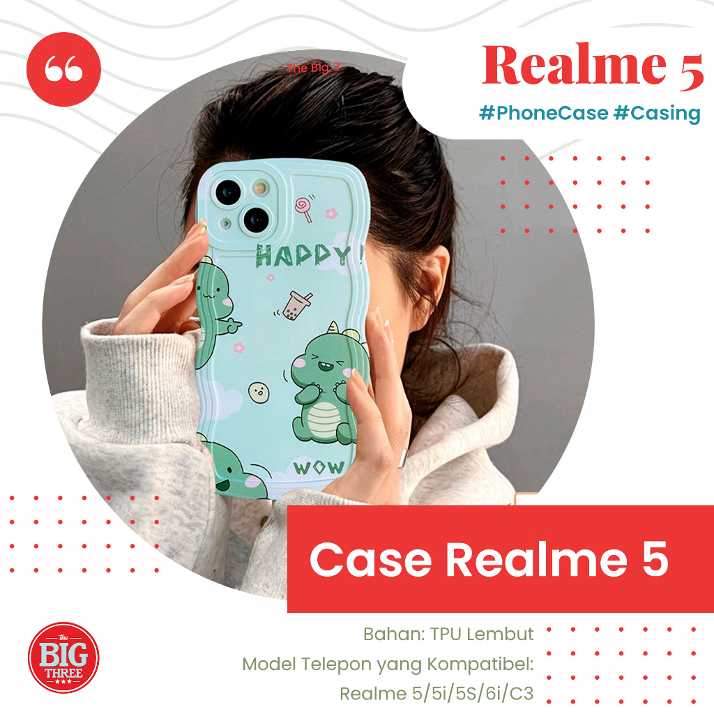 Casing Realme 5 5i 5S 6i C3 Tepi Bergelombang Bahagia Kue Donat Kartun Lucu Dinosaurus Kecil Penutup TPU Lembut Case HP Smartphone Real me - TBT