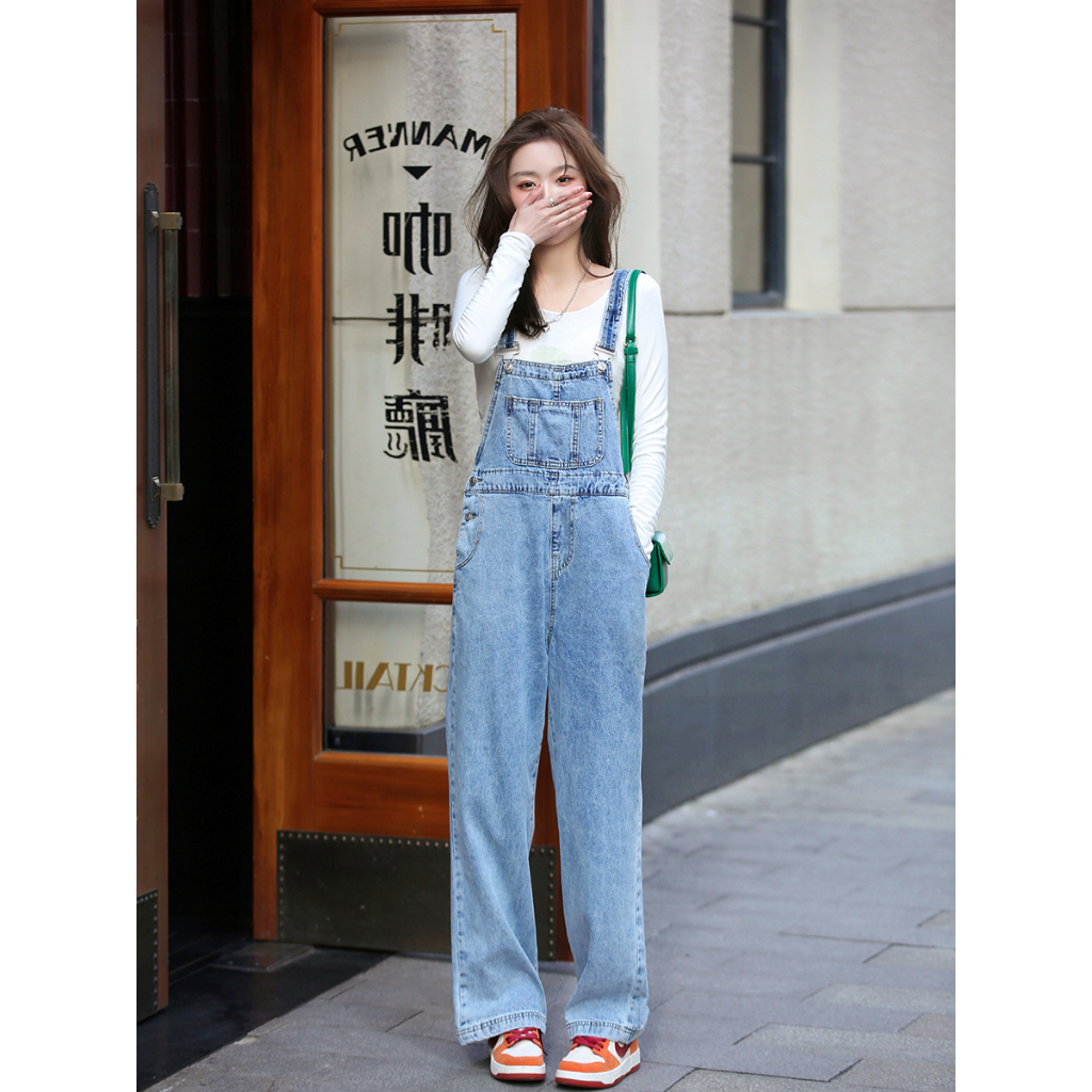 【cewek_id】overall jeans Impor jumpsuit jeans wanita Celana Lebar Kaki Overall denim panjang Tali Ikat Celana dewasa kekinian