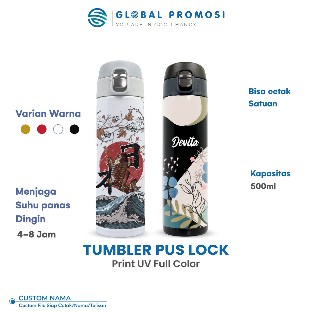 Tumbler Push Lock Custom Print UV Cetak Full Color Design Bebas Suka2 Souvenir/Promosi Murah