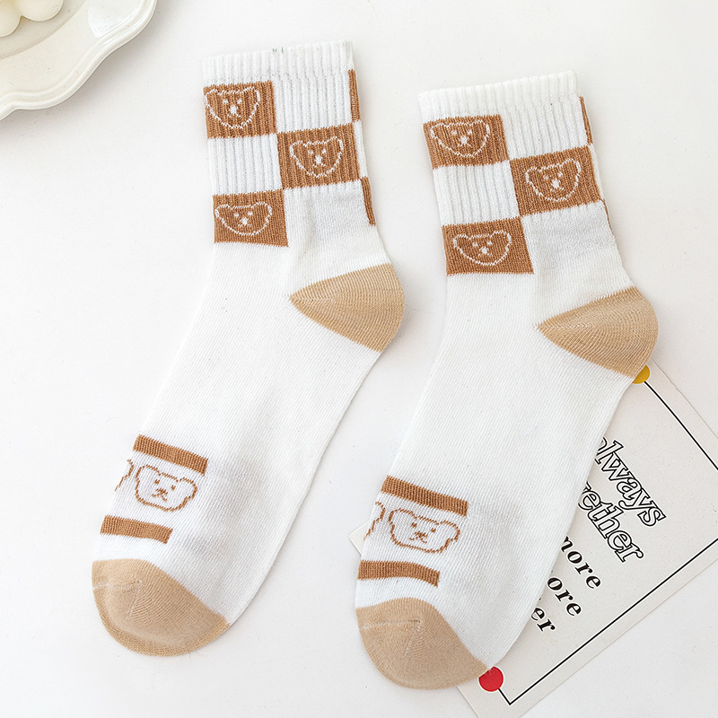 BV.ID KK1222 Kaos Kaki Fashion Pendek Ankle Motif Beruang Bear Cream Socks Korean