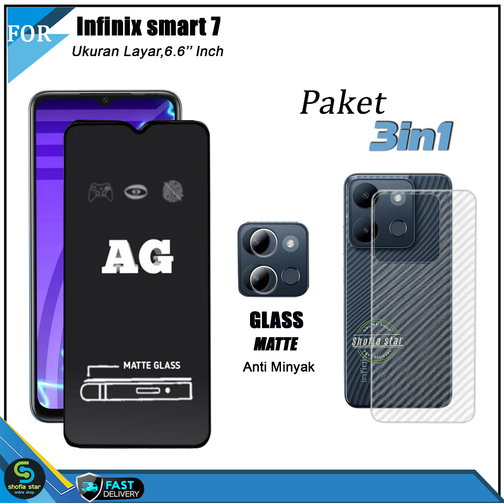 PAKET 3IN1 Tempered Glass Ceramic Privacy Infinix Smart 7 Infinix Smart 7 HD Anti Spy Full Cover Bonus Anti Gores Kamera Dan Skin Carbon 3D