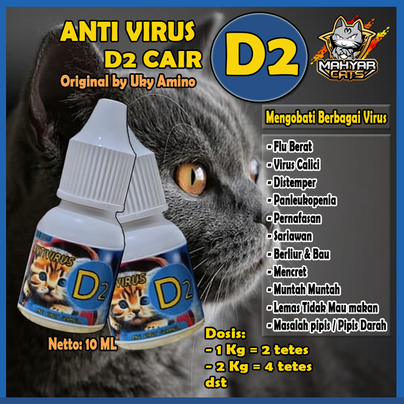 Vitamin obat Kucing D2 CAIR Original by Uky Amino Untuk Flu Bersin Muntah virus Calici Distemper Panleu Mencret Sariawan Mulut Berliur flu