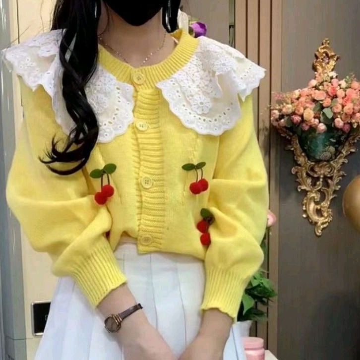 H355 Baju outer cardigan LACE COLLAR RAJUT KNIT Korea Korean style wanita premium import baju outer 