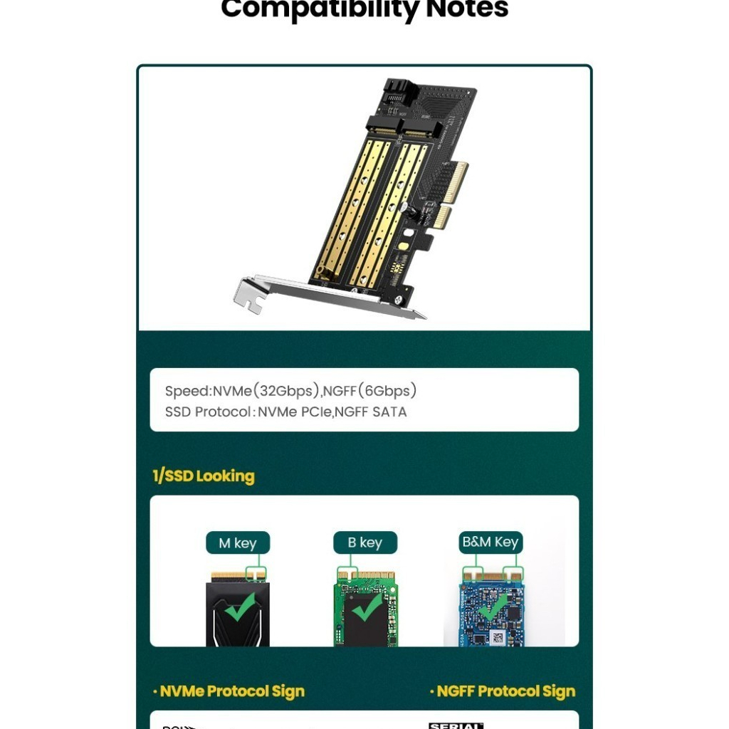 UGREEN SATA NVMe M.2 To PCI-E 3.0 X4 Expansion Card M-Key B-key 70504