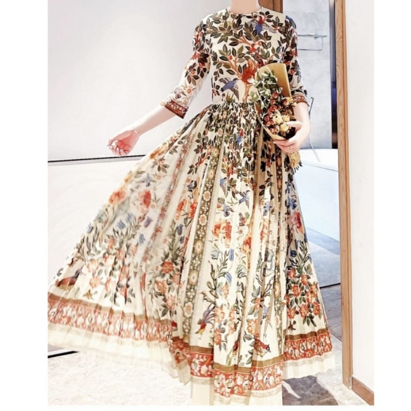 98890 Baju Maxidress longdress FLORAL PLEATED PLISKET MAXI DRESS premium dres Korea Korean style wan