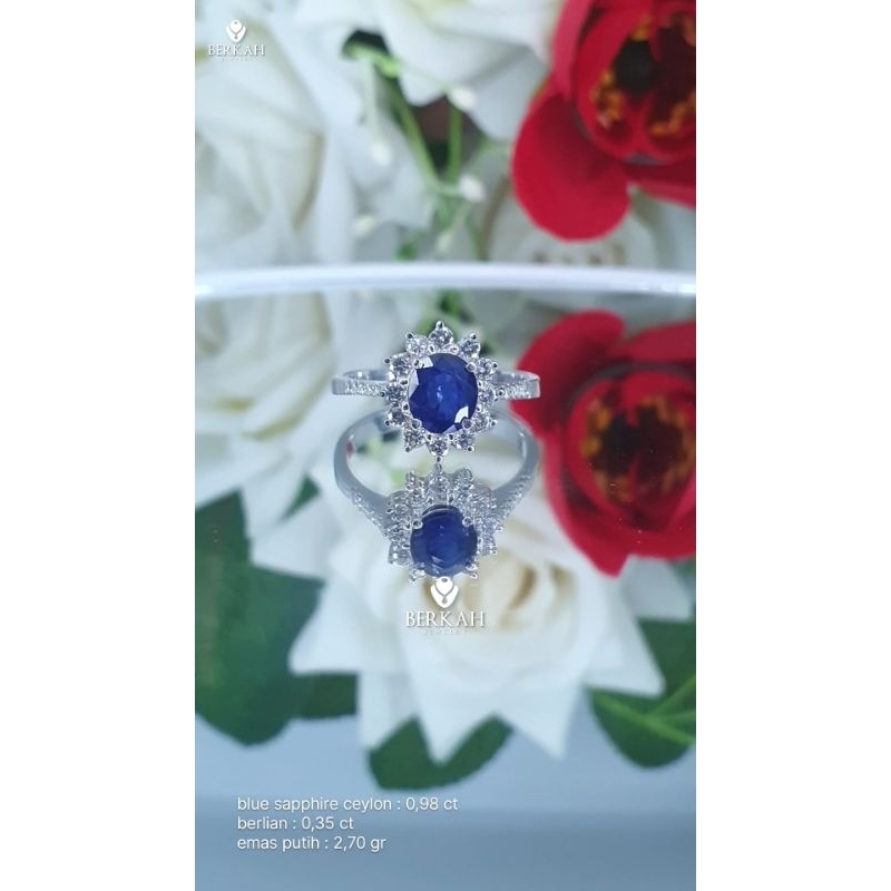 Cincin emas berlian asli batu blue sapphire berkualitas motif lady diana