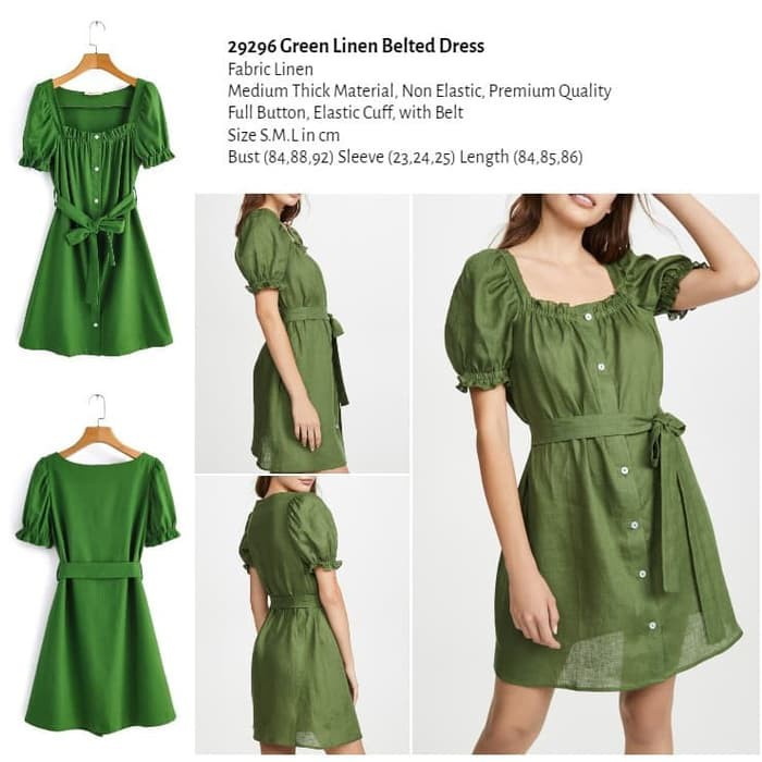 29296 Dress Hijau Kasual Green Linen Belted Dress