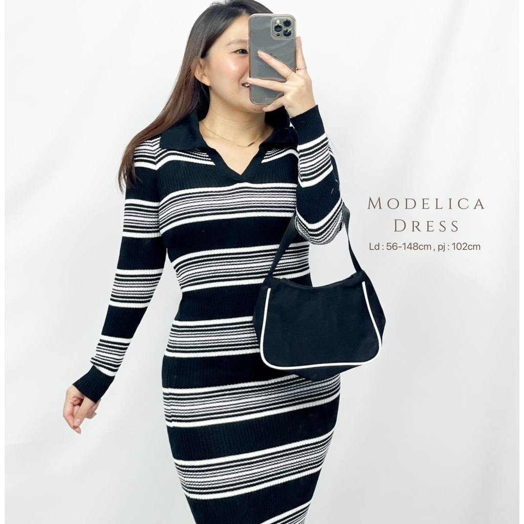 Midi Dress Rajut Wanita Lengan Panjang V Neck Stripe Modelica HOPYLOVY