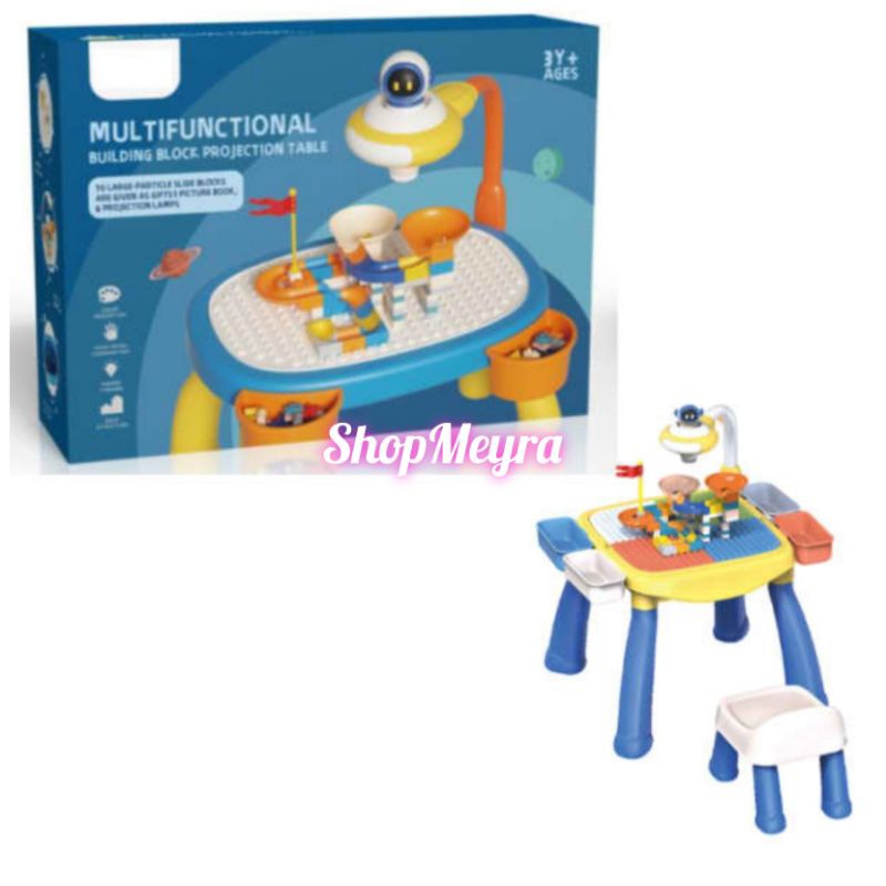 Bricks Kingdom Multifunctional Building Block Projection Table Meja Kursi Anak