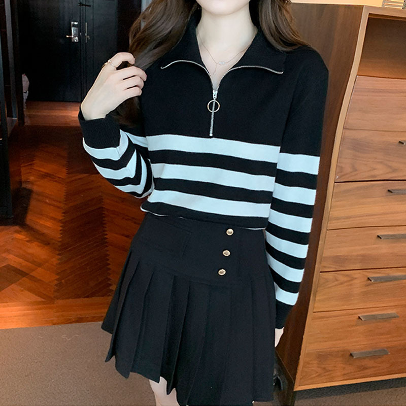 Riezka Sweater Zipper Knit - Two Stripe - Atasan Wanita Rajut Import TM (Y1062)