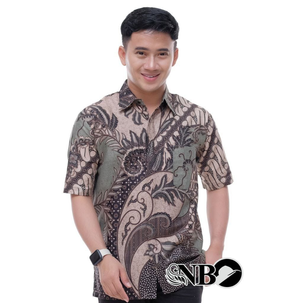 Batik Pria Lengan Pendek Premium BATIK AZMIL HRB026 motif KERATONAN Kode 002 size M L XL XXL