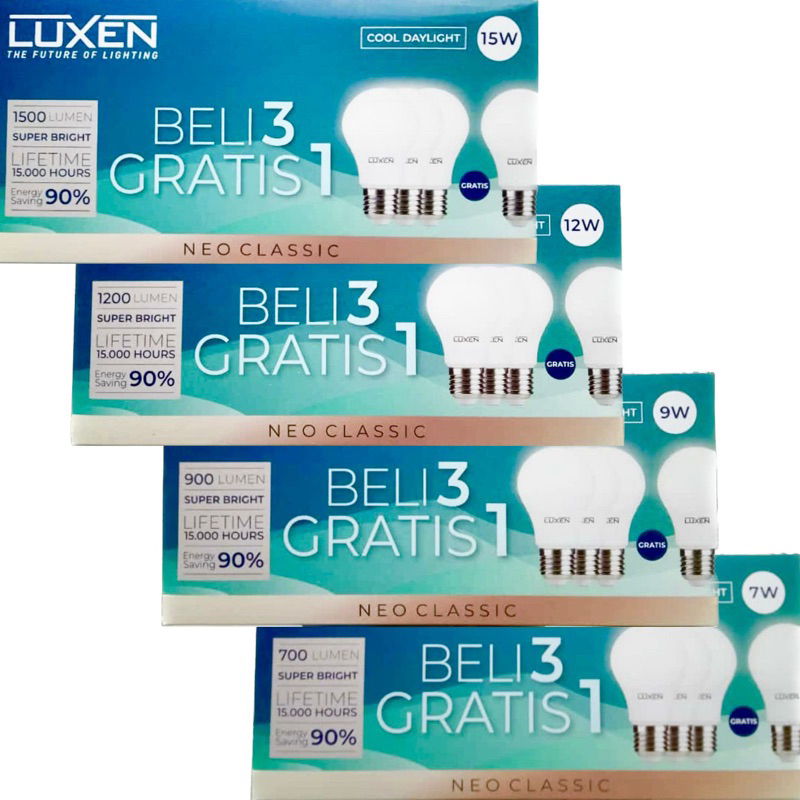 LUXEN LED PACK NEO CLASSIC 9 WATT 9W 3 GRATIS 1 LAMPU BULB BERGARANSI