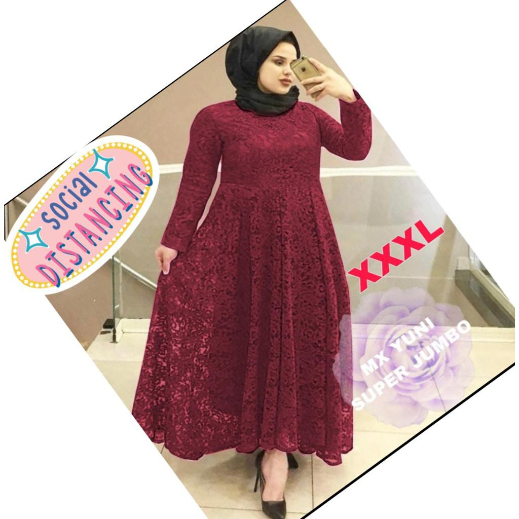 Yuni Gamis Warna Merah Maroon Jumbo Oversize Bigsize XXL-XXXL Maxi Dress Brukat Tulang Timbul Reslet