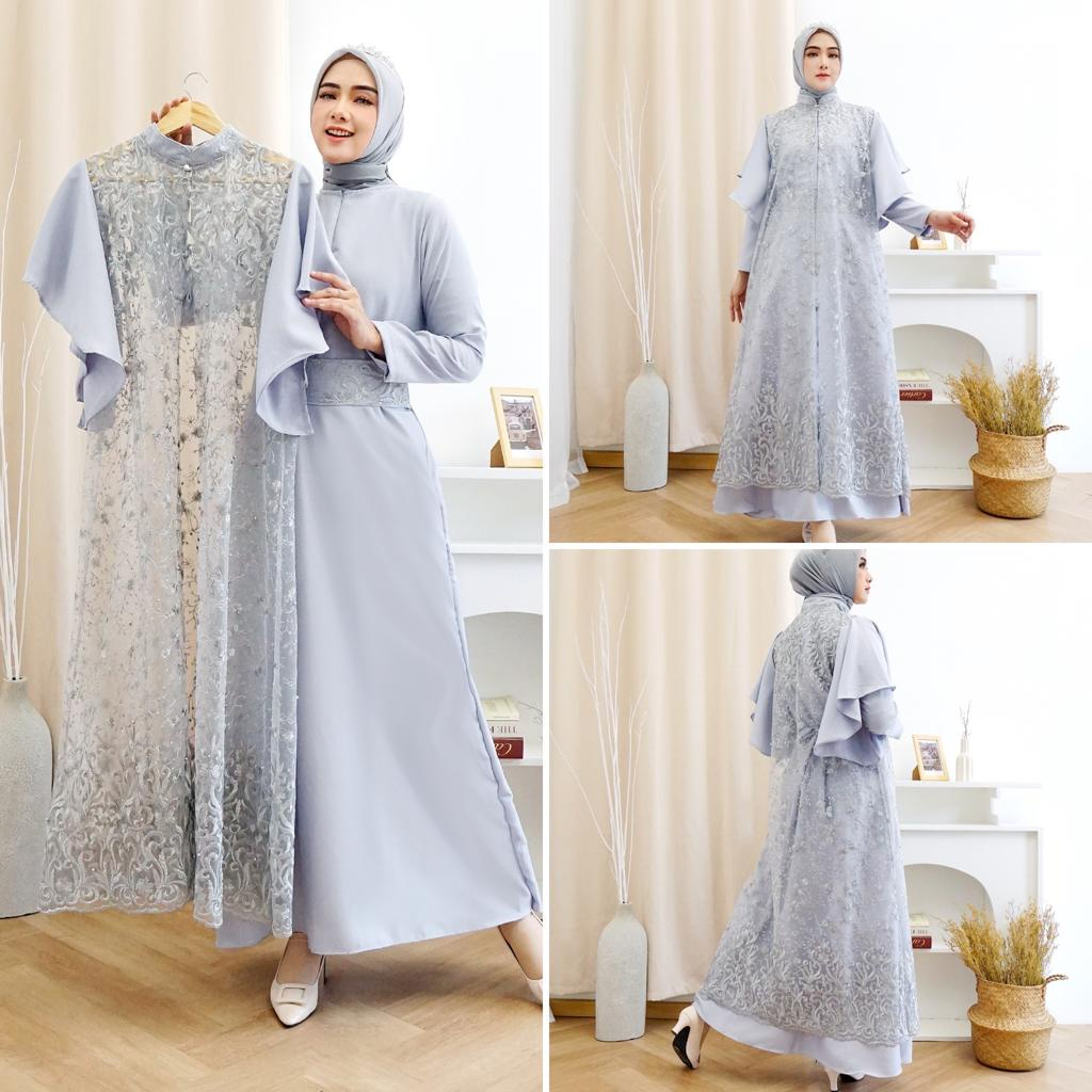 Georgina Set Setelan Gamis 2in1 Warna Putih Abu Silver Biru Telur Asin Inner Outer Brukat Brokat Til