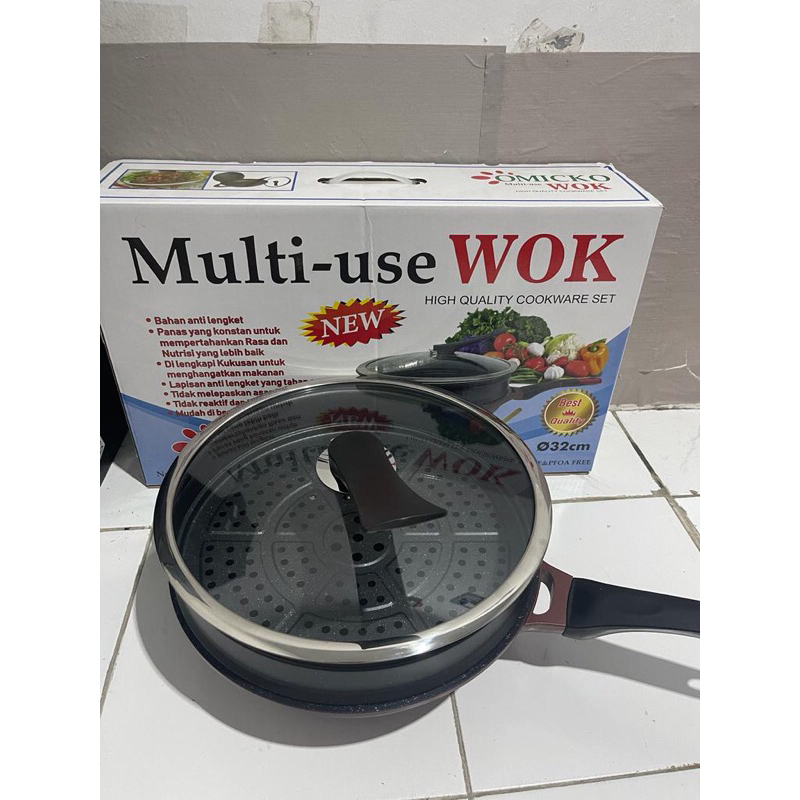 Panci Wok pan Omicko 32cm pan marble anti lengket + kukusan wajan sangat tebal wajan kukus omicko
