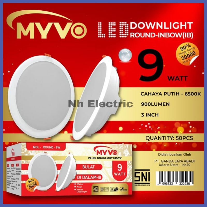 Downlight Led Panel 9w Putih Bulat Myvo - Led Panel 9w Inbow Putih Myvo - Led Downlight Panel 9w Round Putih Myvo SNI