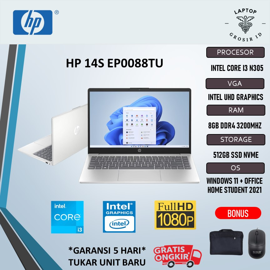 Laptop HP 14S EP0088TU I3 N305 8GB 512SSD W11+OHS 14.0FHD IPS BACKLIT