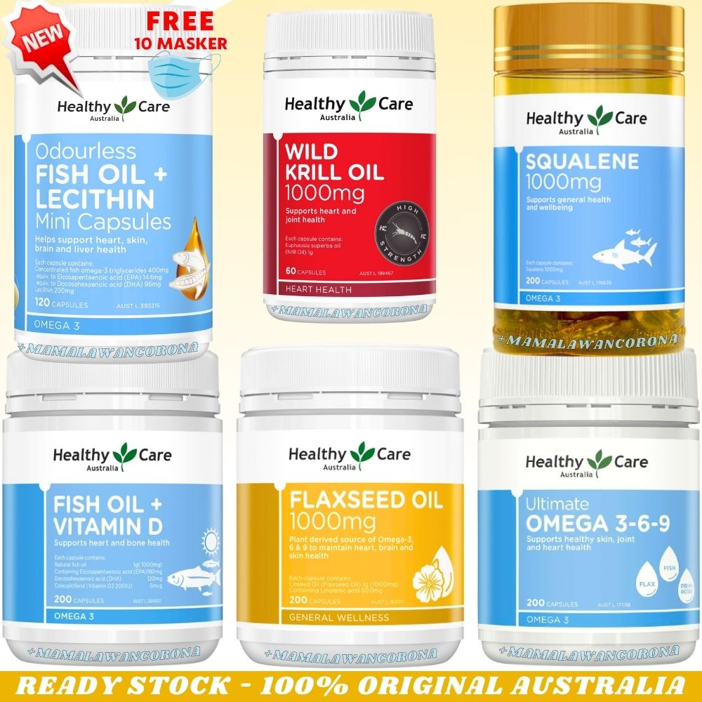 Healthy Care Ultimate Omega 3 6 9  369 200 Capsules / Super Flaxseed 1000mg 200 Kapsul / Squalene 1000 mg Capsule Caps Shark Ikan Hiu / Salmon 500 / Fish Oil + Krill 400 / Vitamin D / Wild Krill Oil 60 / Odourless Fish Oil + Lecithin 120 Mini Caps