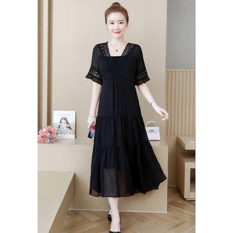 Long Dress wanita hitam sifon cantik Korea lengan pendek elegant