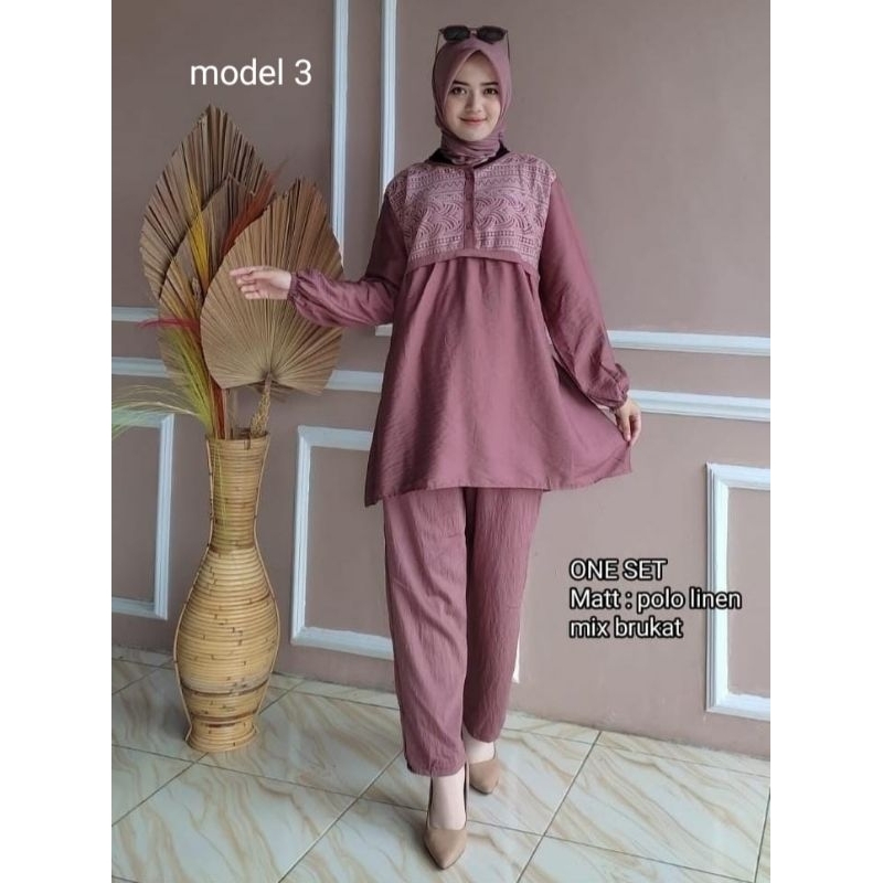 Setcel setelan celana Oneset one set Polo linen mix brukat premium katun kemeja celana