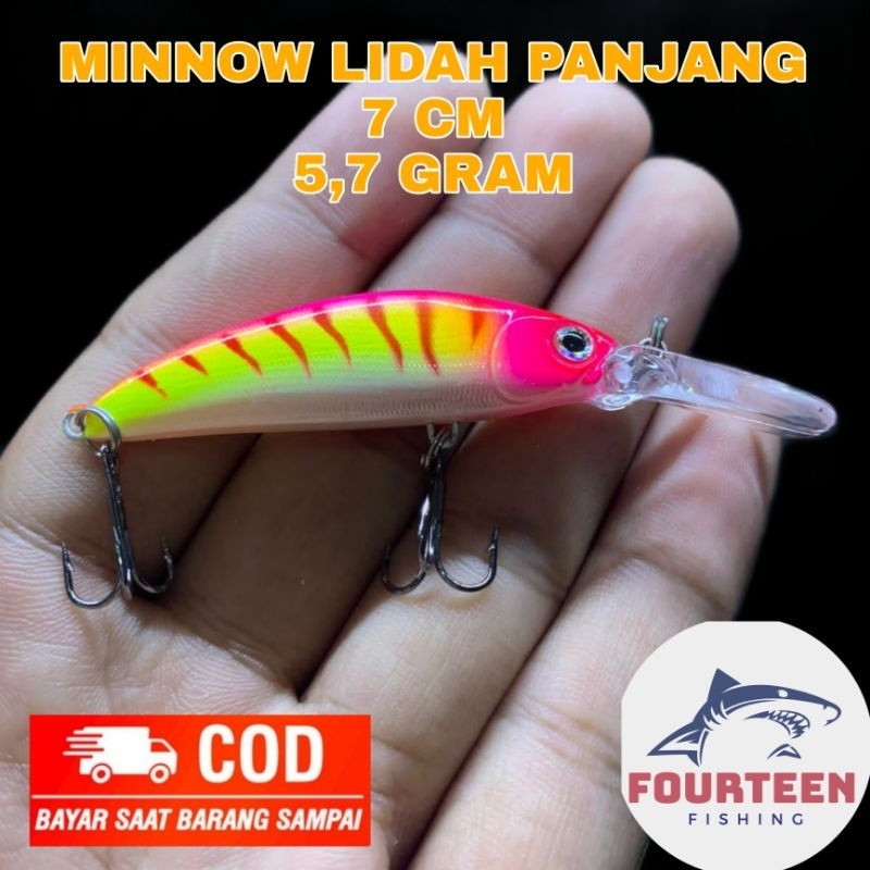 minnow lidah panjang warna pink putih 7cm 5,7g cocok untuk casting hampala atau ikan baung