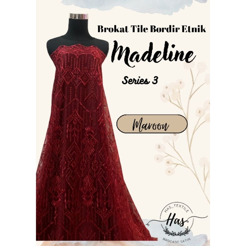 Kain Bahan Kebaya TIle Bordir Etnik Madeline Series 3 Warna Merah Maroon
