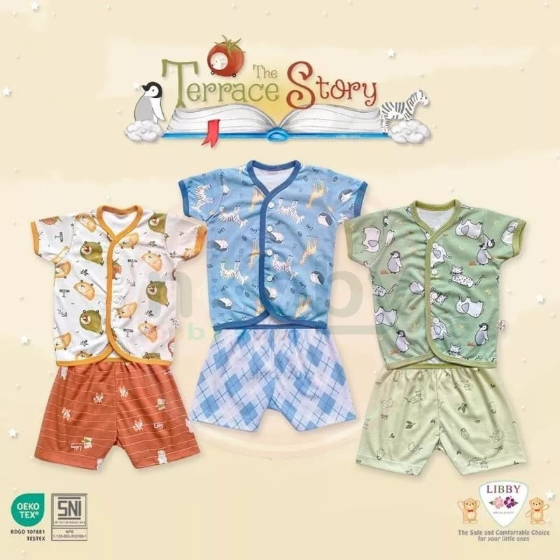 LIBBY Baju/ Setelan Baju Pendek Kancing Depan Libby 0-3M 3-6M SML