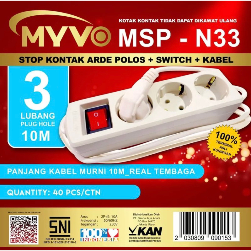 STOP KONTAK 10 METER MYVO 3 LUBANG, 4 LUBANG , 5 LUBANG